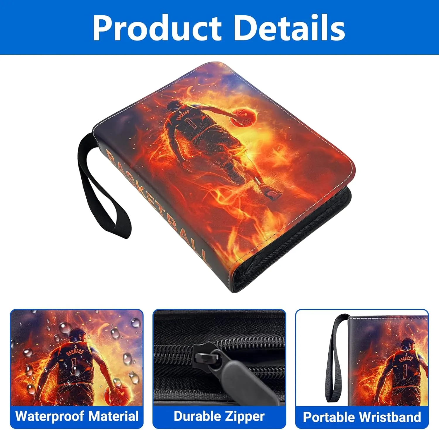 Basketball Card Binder, 4-Pocket Card Holder, Trading Card Binder Fits 400 Cards with Zipper, Portable Collector Album for Football, Baseball, Hockey Sports Cards Collection