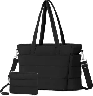 BAVERGE Tote Bag for Women 2PCS, Puffer Quilted Shoulder Bag Handbag with Laptop Compartment Detachable Purse for Travel Gym