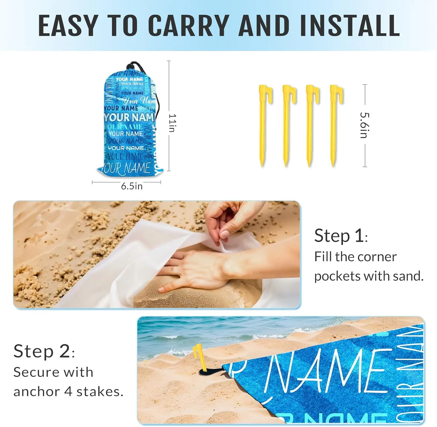 Beach Mat Sandproof Waterproof, 79”x87” Personalized Foldable Portable Beach Blanket with 4 Corner Pockets Stakes, Lightweight Beach Mat for Travel Picnic Outdoor Camping Party