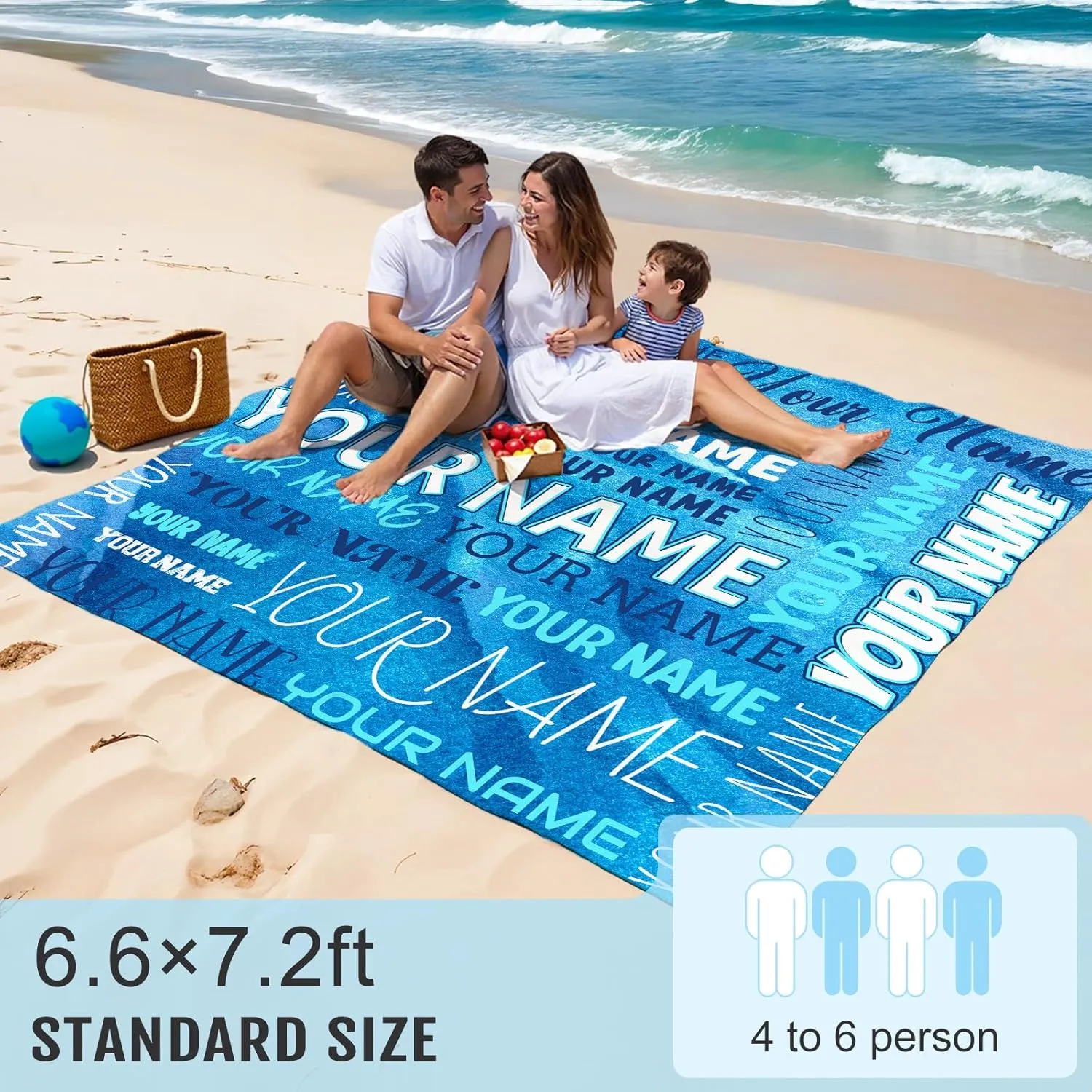Beach Mat Sandproof Waterproof, 79”x87” Personalized Foldable Portable Beach Blanket with 4 Corner Pockets Stakes, Lightweight Beach Mat for Travel Picnic Outdoor Camping Party