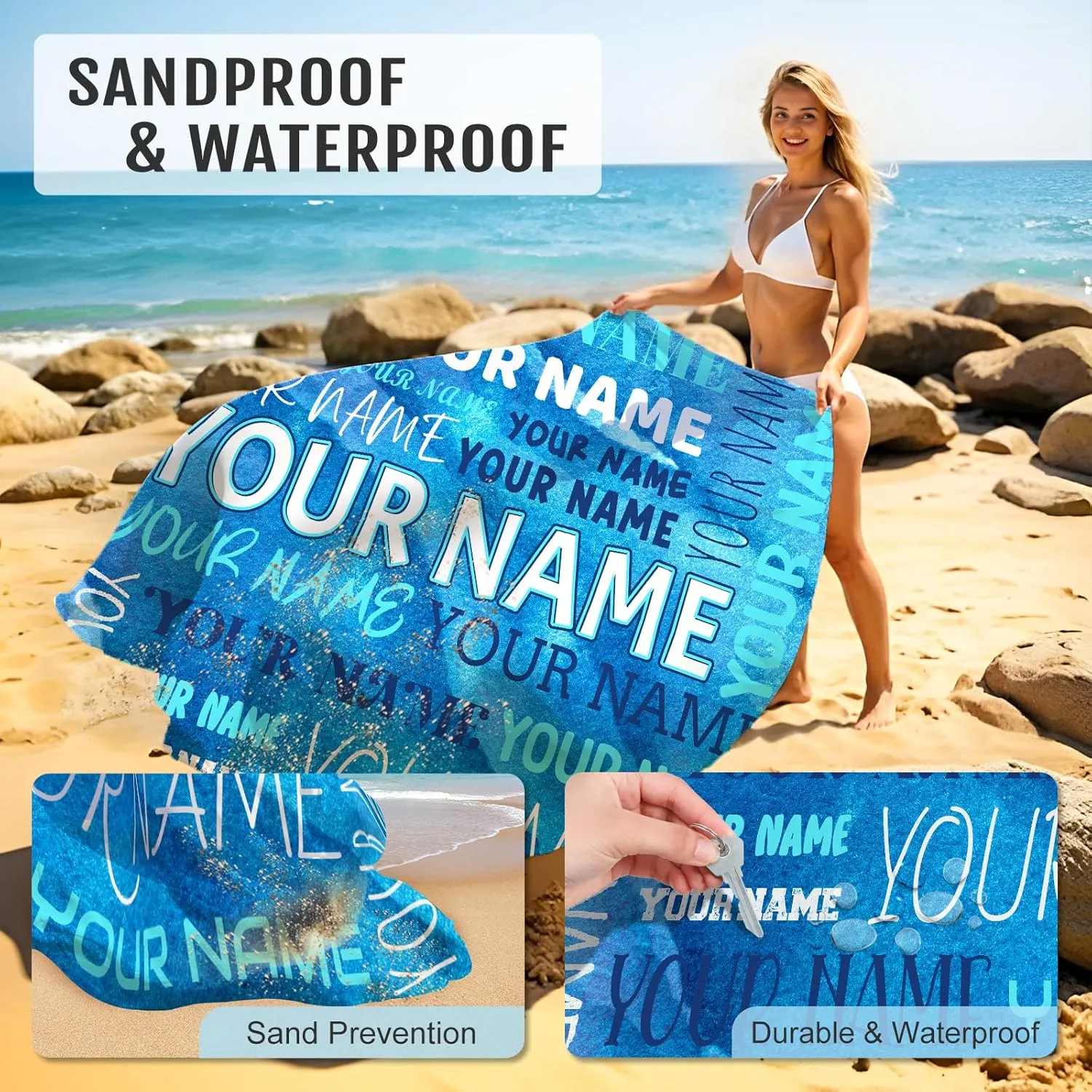 Beach Mat Sandproof Waterproof, 79”x87” Personalized Foldable Portable Beach Blanket with 4 Corner Pockets Stakes, Lightweight Beach Mat for Travel Picnic Outdoor Camping Party
