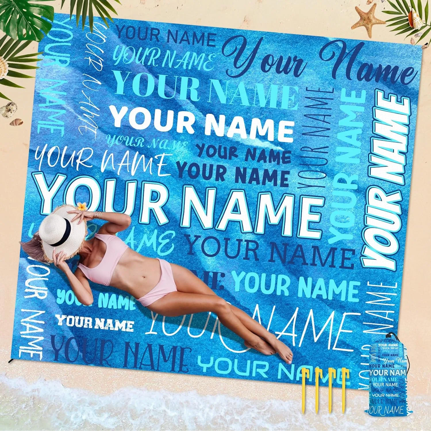 Beach Mat Sandproof Waterproof, 79”x87” Personalized Foldable Portable Beach Blanket with 4 Corner Pockets Stakes, Lightweight Beach Mat for Travel Picnic Outdoor Camping Party