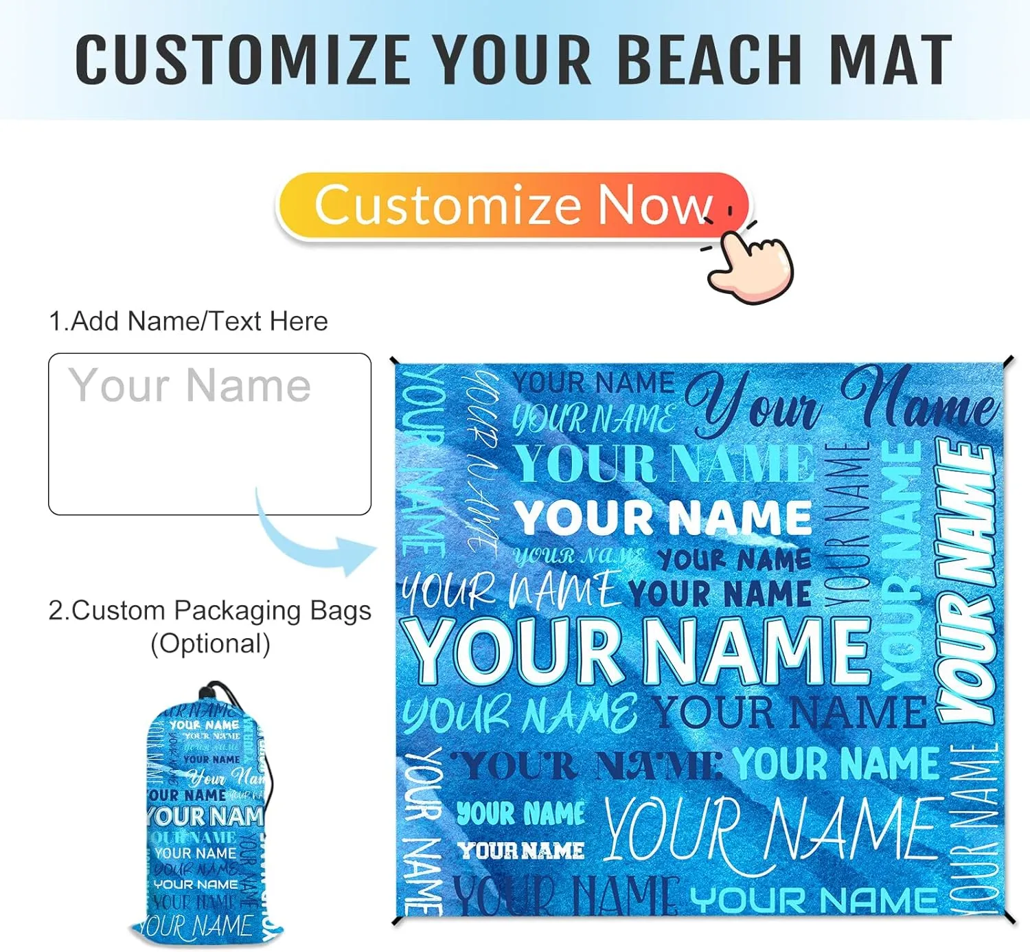 Beach Mat Sandproof Waterproof, 79”x87” Personalized Foldable Portable Beach Blanket with 4 Corner Pockets Stakes, Lightweight Beach Mat for Travel Picnic Outdoor Camping Party