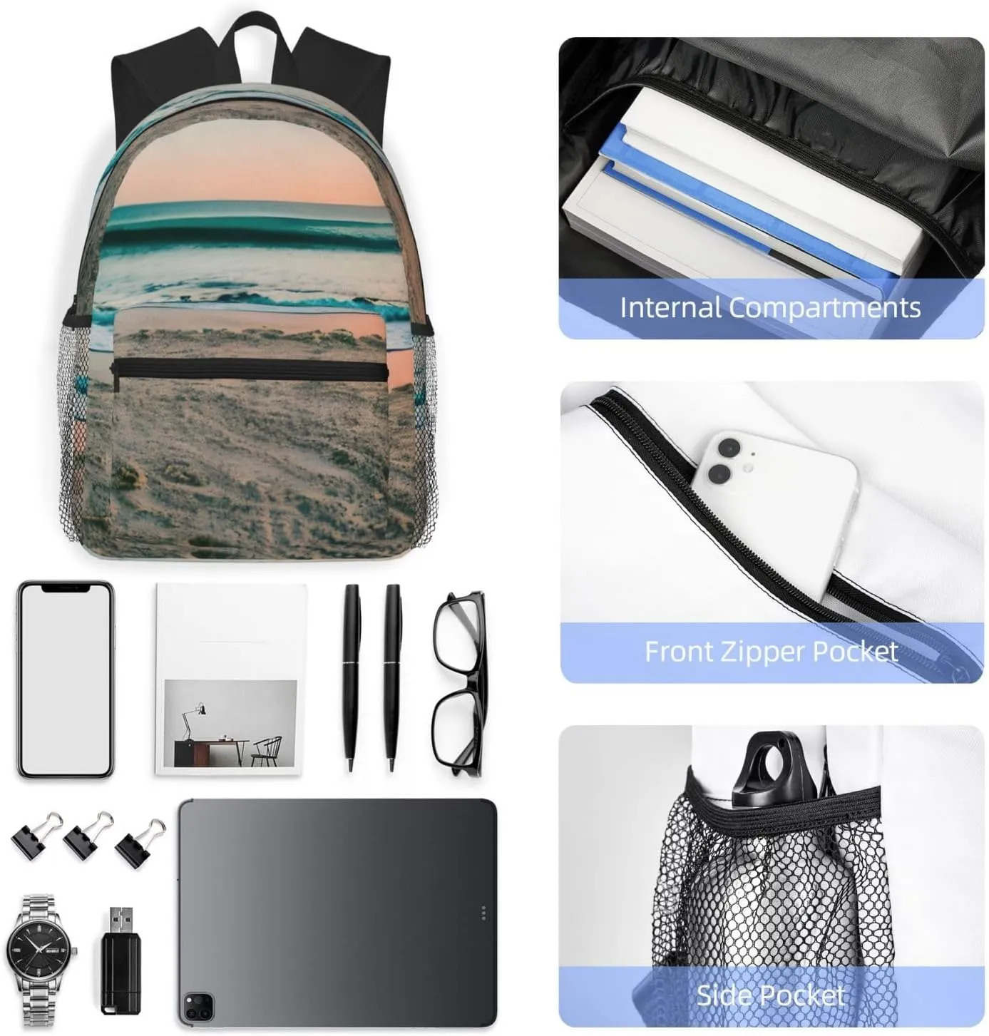 Beach Sunset Theme Print Backpack For Women Men, Laptop Bookbag,Lightweight Casual Travel Daypack