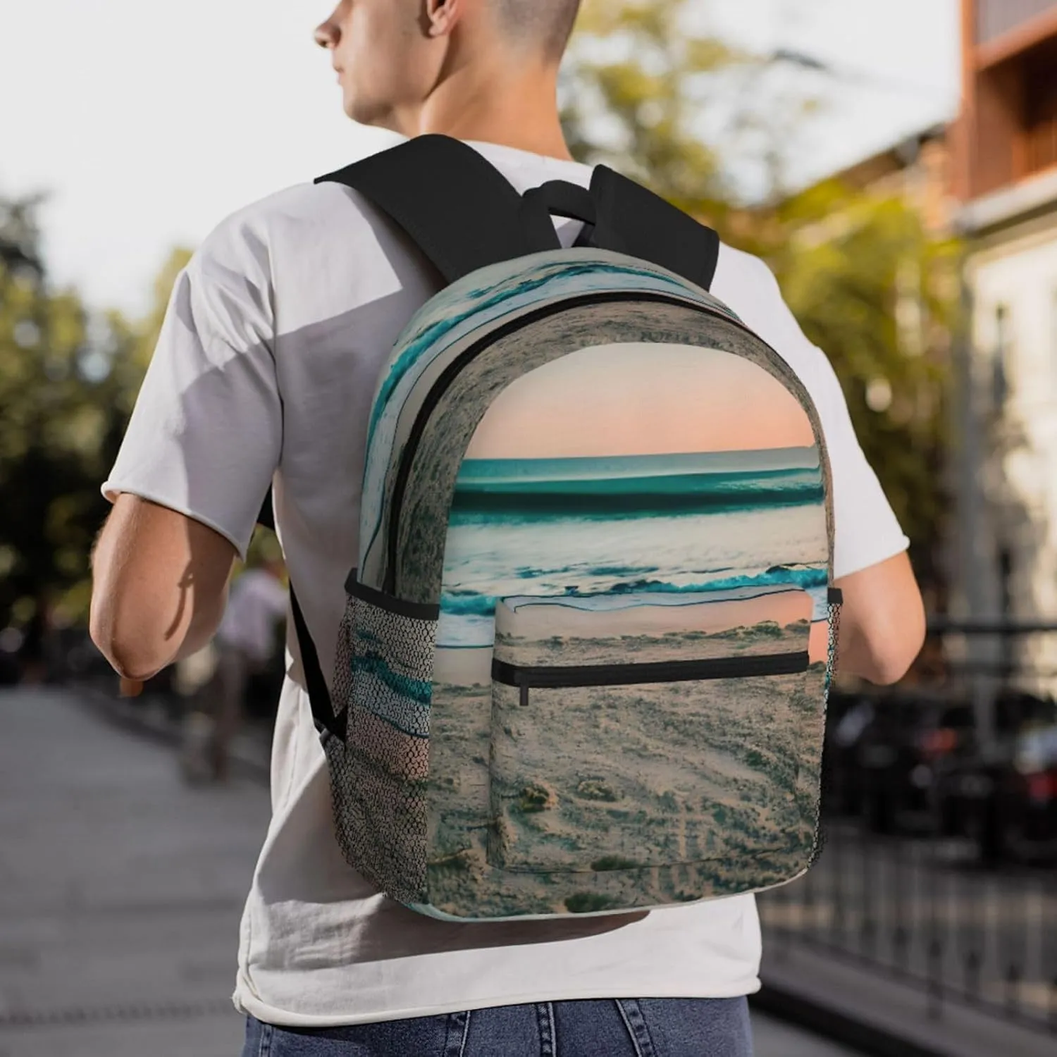 Beach Sunset Theme Print Backpack For Women Men, Laptop Bookbag,Lightweight Casual Travel Daypack
