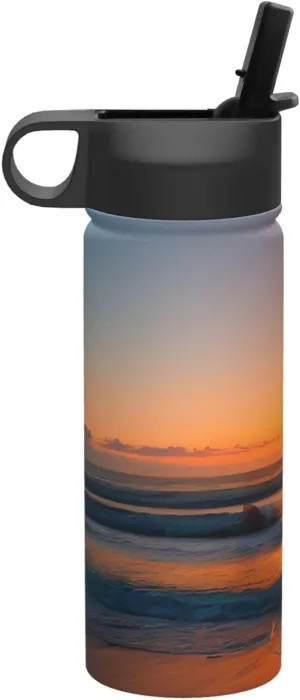 Beautiful Sunrise Ocean Print Flask Stainless Steel Water Bottle with Straw 18OZ FOR Outdoor Gym Commute