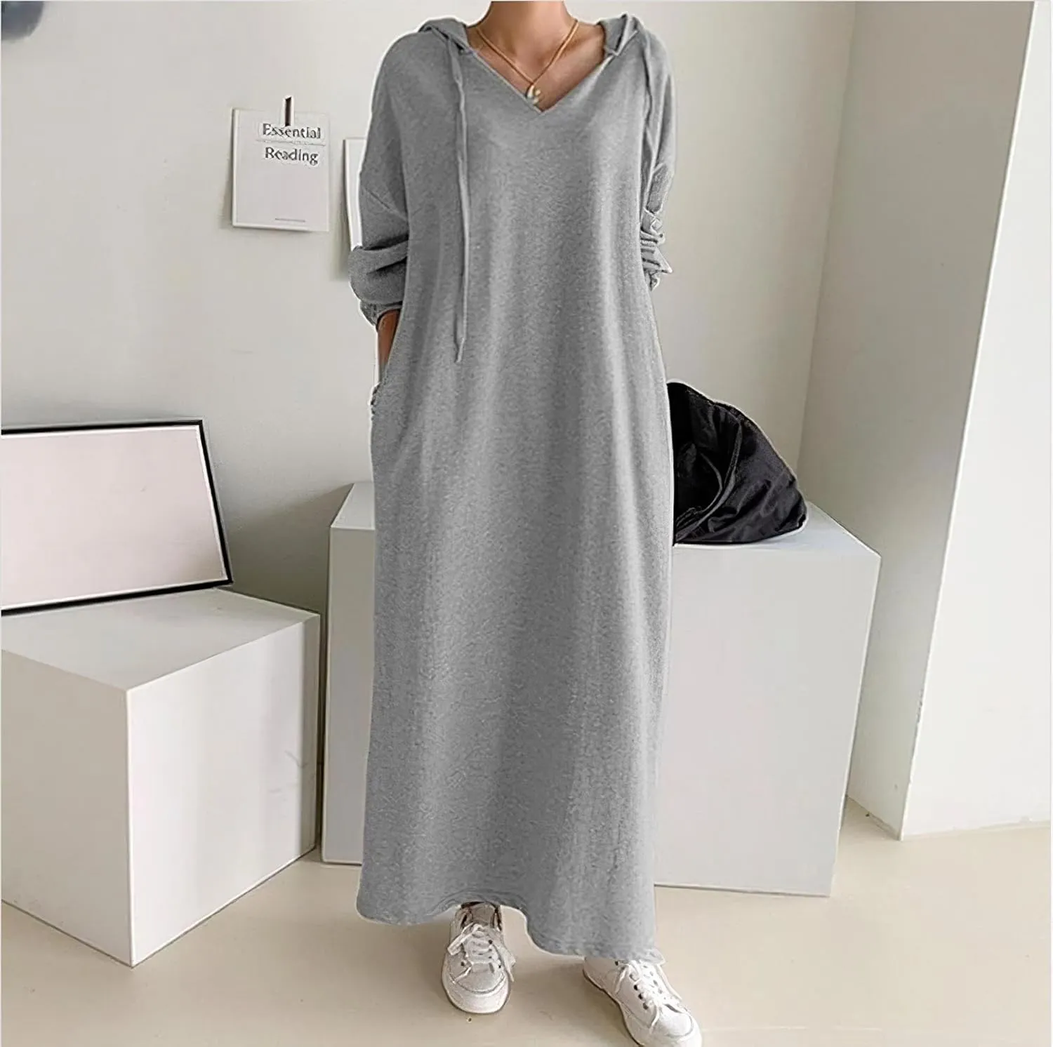 Bengbobar Women's Casual Plush Pullover Oversized Sweatshirt for Women Long Sleeve Drawstring Hoodie Maxi Dress with Pockets