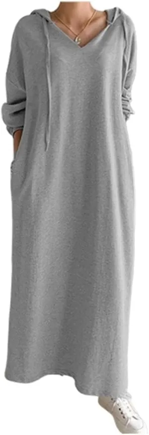 Bengbobar Women's Casual Plush Pullover Oversized Sweatshirt for Women Long Sleeve Drawstring Hoodie Maxi Dress with Pockets