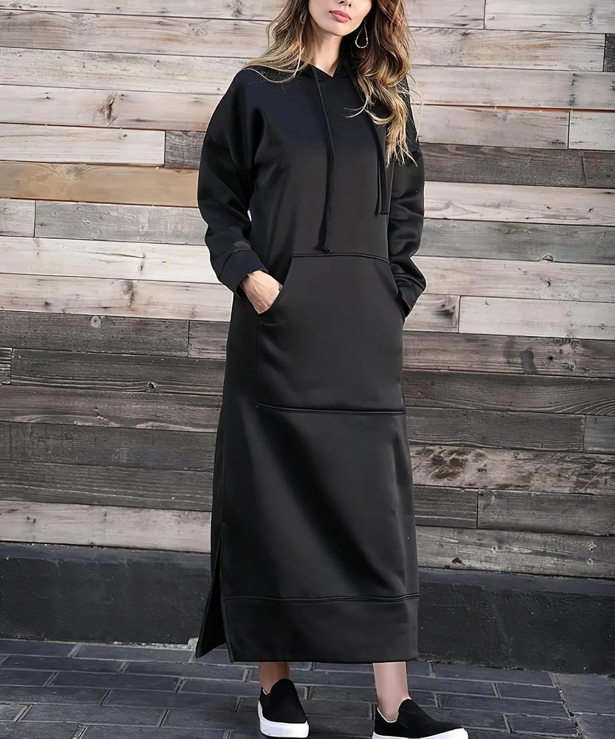 Bengbobar Women's Casual Plush Pullover Oversized Sweatshirt for Women Long Sleeve Drawstring Hoodie Maxi Dress with Pockets