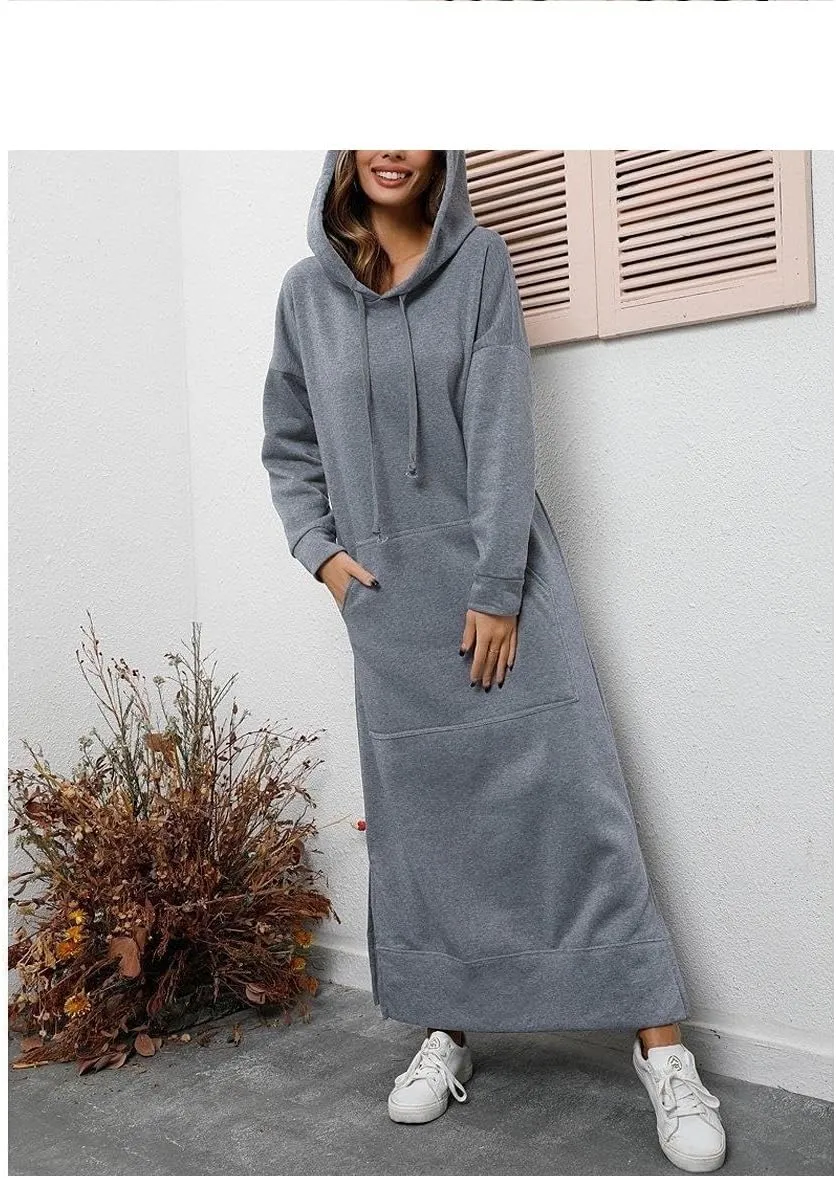 Bengbobar Women's Casual Plush Pullover Oversized Sweatshirt for Women Long Sleeve Drawstring Hoodie Maxi Dress with Pockets