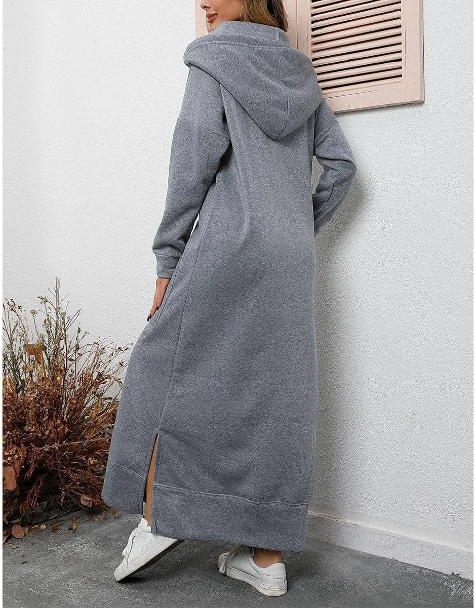 Bengbobar Women's Casual Plush Pullover Oversized Sweatshirt for Women Long Sleeve Drawstring Hoodie Maxi Dress with Pockets