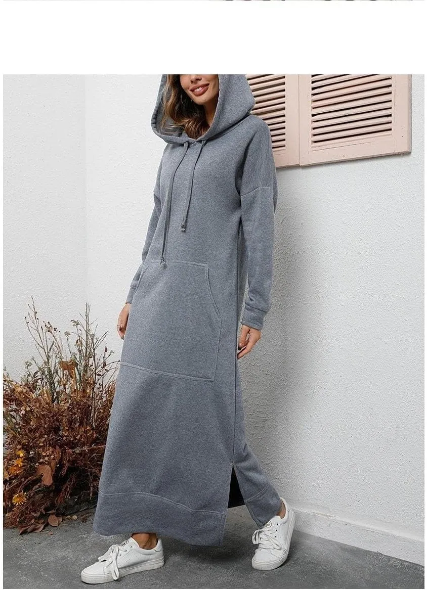 Bengbobar Women's Casual Plush Pullover Oversized Sweatshirt for Women Long Sleeve Drawstring Hoodie Maxi Dress with Pockets