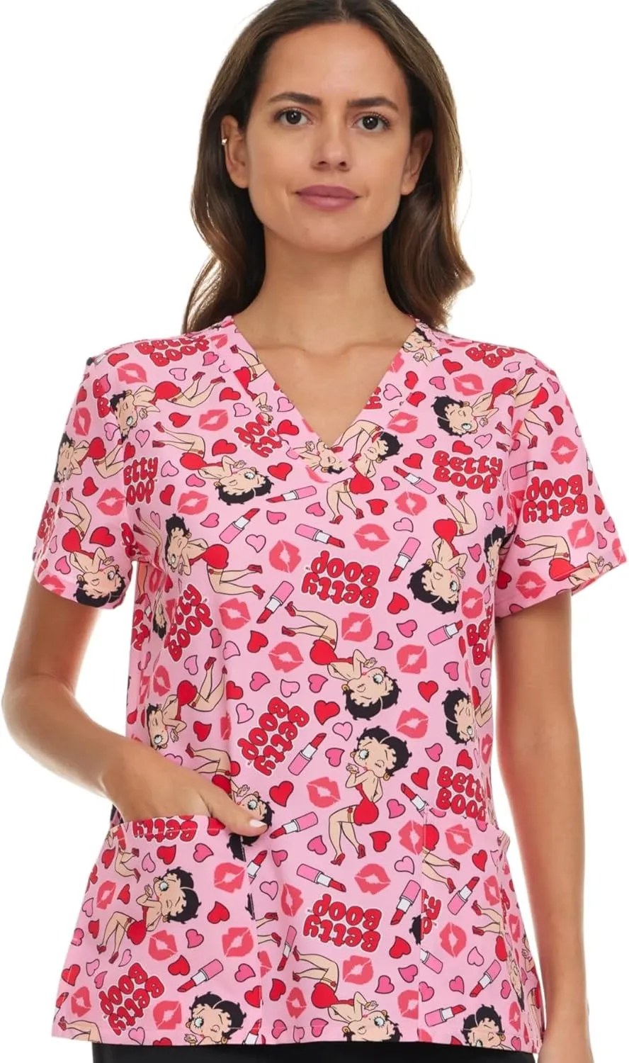Betty Boop Women's All Over Print, V-Neck Scrub Top with Pockets - Comfortable Work Uniform
