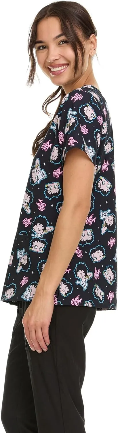 Betty Boop Women's All Over Print, V-Neck Scrub Top with Pockets - Comfortable Work Uniform