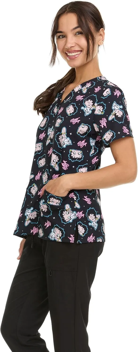Betty Boop Women's All Over Print, V-Neck Scrub Top with Pockets - Comfortable Work Uniform