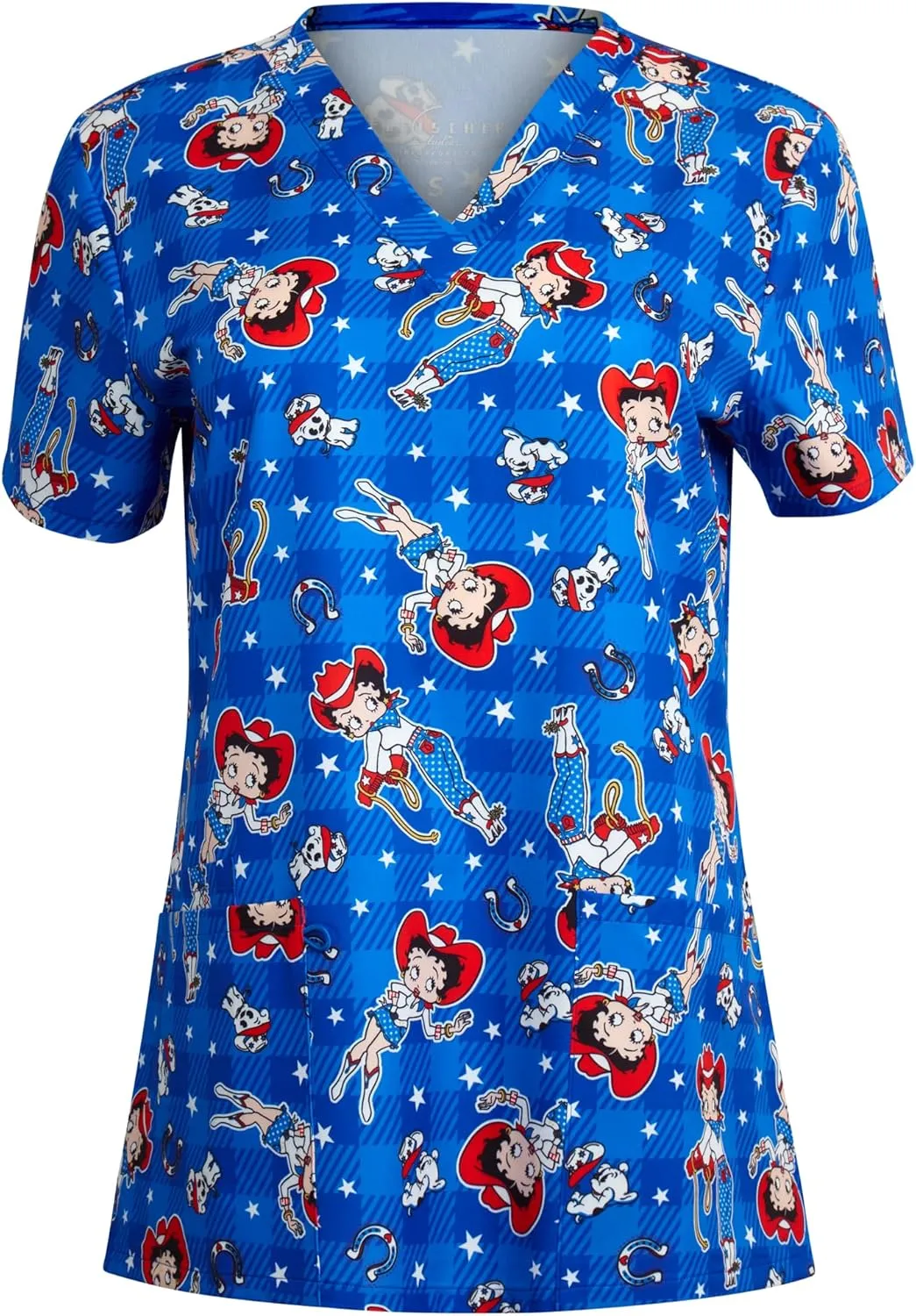 Betty Boop Women's All Over Print, V-Neck Scrub Top with Pockets - Comfortable Work Uniform