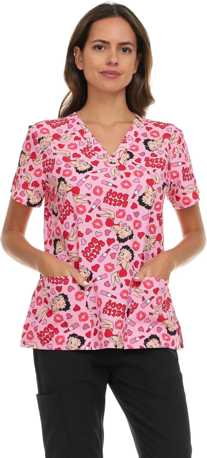 Betty Boop Women's All Over Print, V-Neck Scrub Top with Pockets - Comfortable Work Uniform