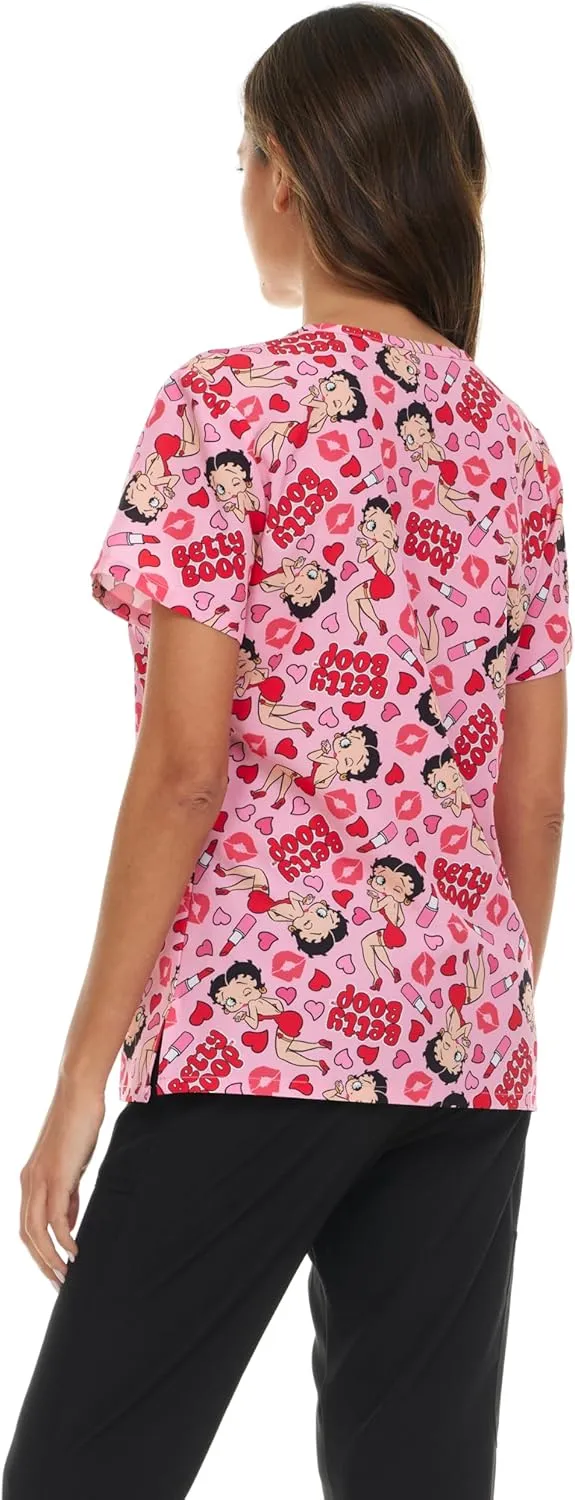 Betty Boop Women's All Over Print, V-Neck Scrub Top with Pockets - Comfortable Work Uniform
