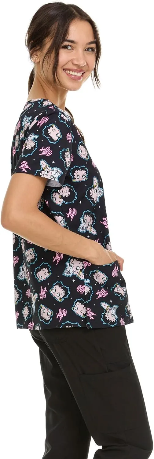 Betty Boop Women's All Over Print, V-Neck Scrub Top with Pockets - Comfortable Work Uniform