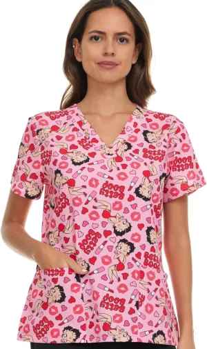 Betty Boop Women's All Over Print, V-Neck Scrub Top with Pockets - Comfortable Work Uniform