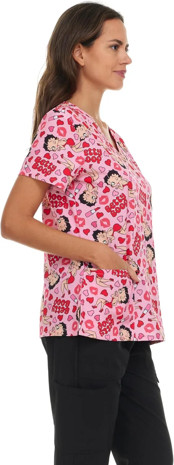 Betty Boop Women's All Over Print, V-Neck Scrub Top with Pockets - Comfortable Work Uniform