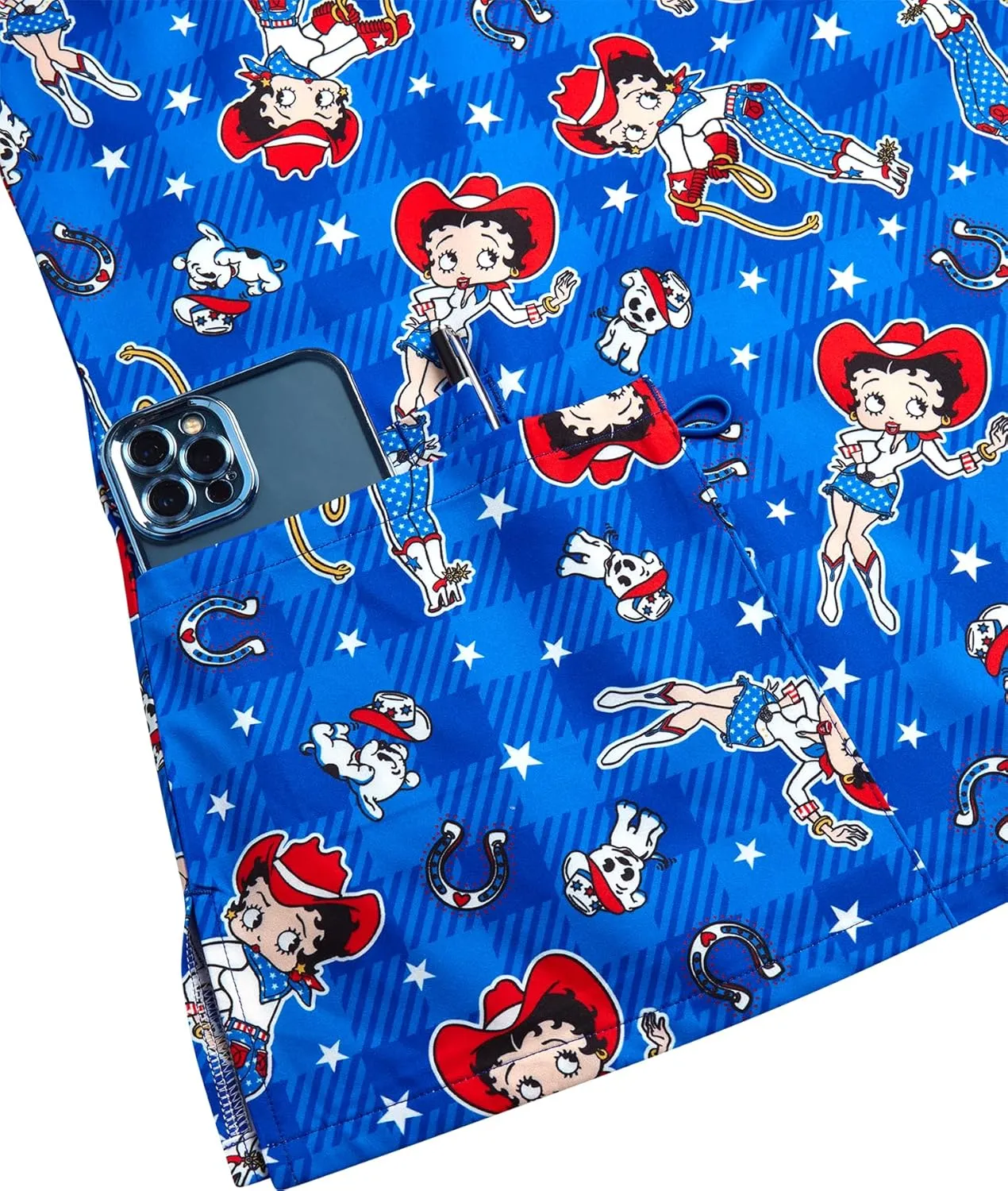 Betty Boop Women's All Over Print, V-Neck Scrub Top with Pockets - Comfortable Work Uniform