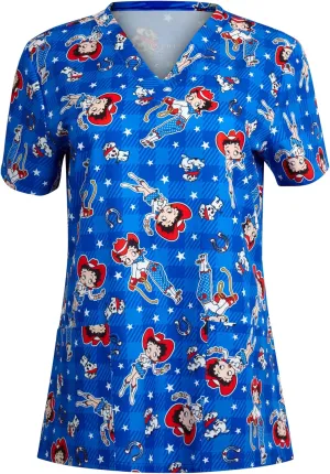 Betty Boop Women's All Over Print, V-Neck Scrub Top with Pockets - Comfortable Work Uniform