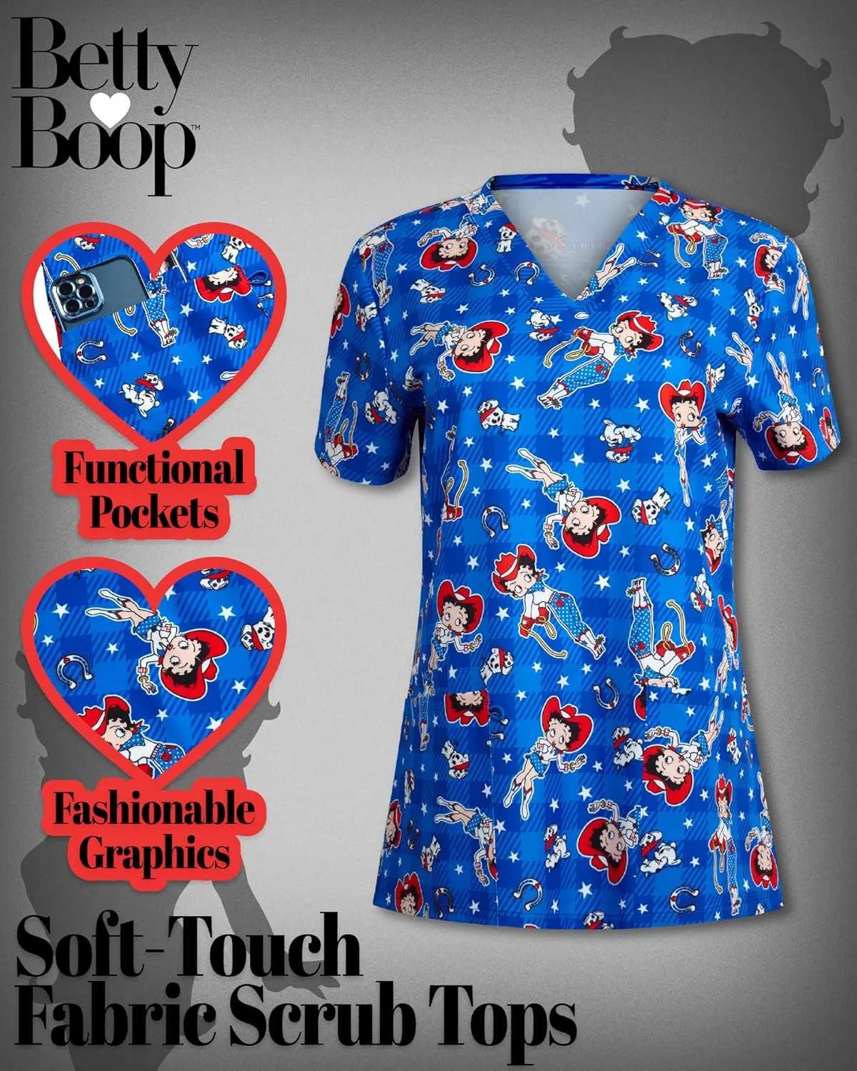 Betty Boop Women's All Over Print, V-Neck Scrub Top with Pockets - Comfortable Work Uniform