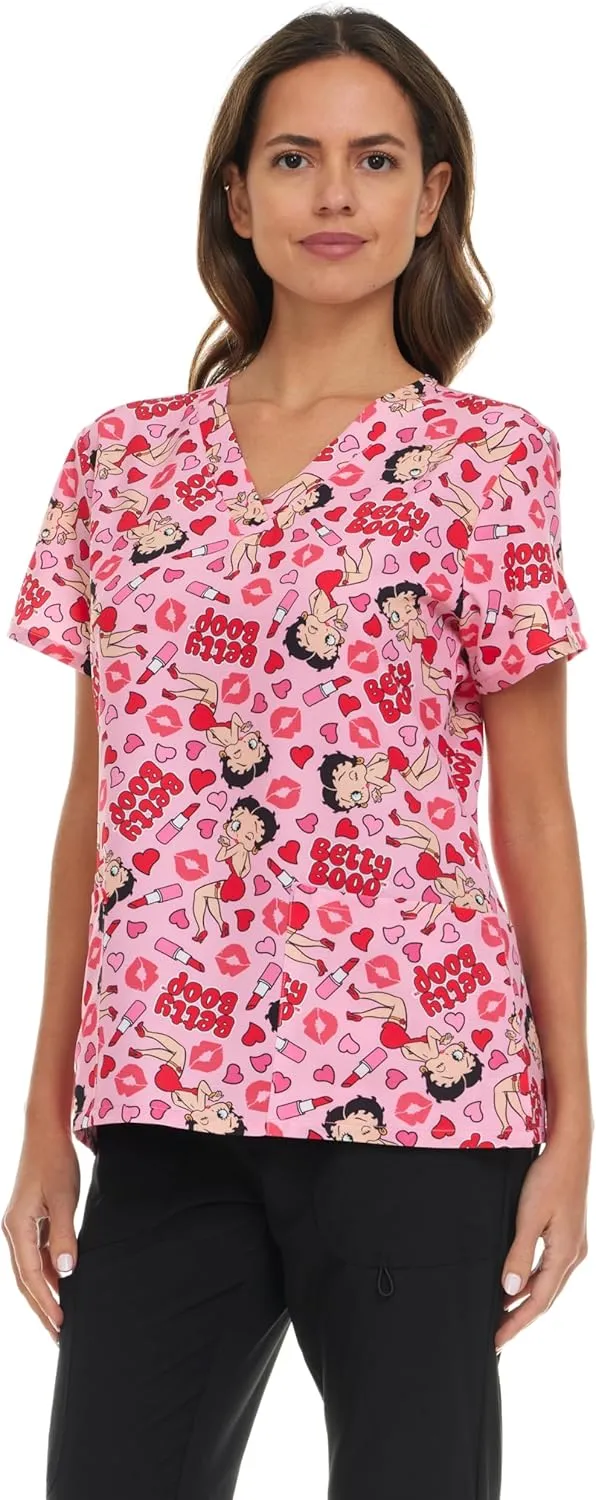 Betty Boop Women's All Over Print, V-Neck Scrub Top with Pockets - Comfortable Work Uniform