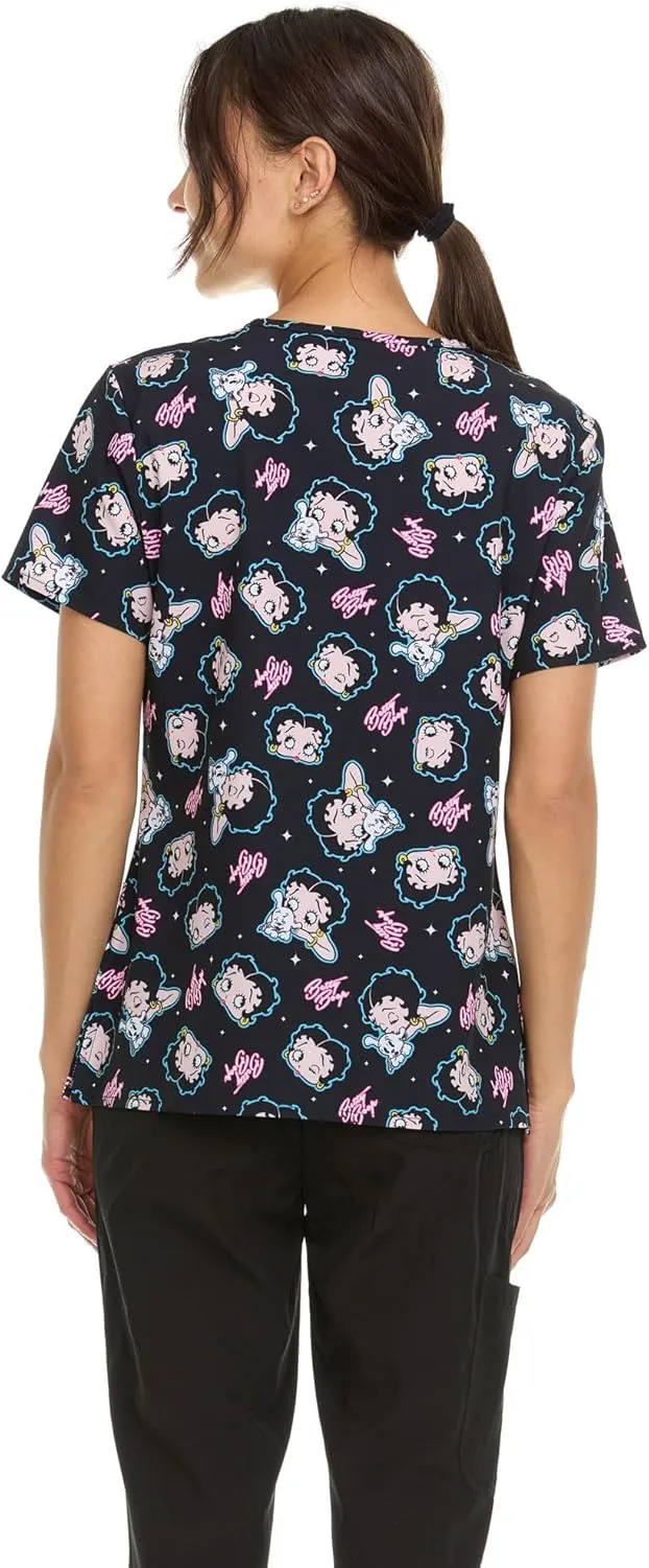 Betty Boop Women's All Over Print, V-Neck Scrub Top with Pockets - Comfortable Work Uniform