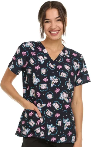 Betty Boop Women's All Over Print, V-Neck Scrub Top with Pockets - Comfortable Work Uniform