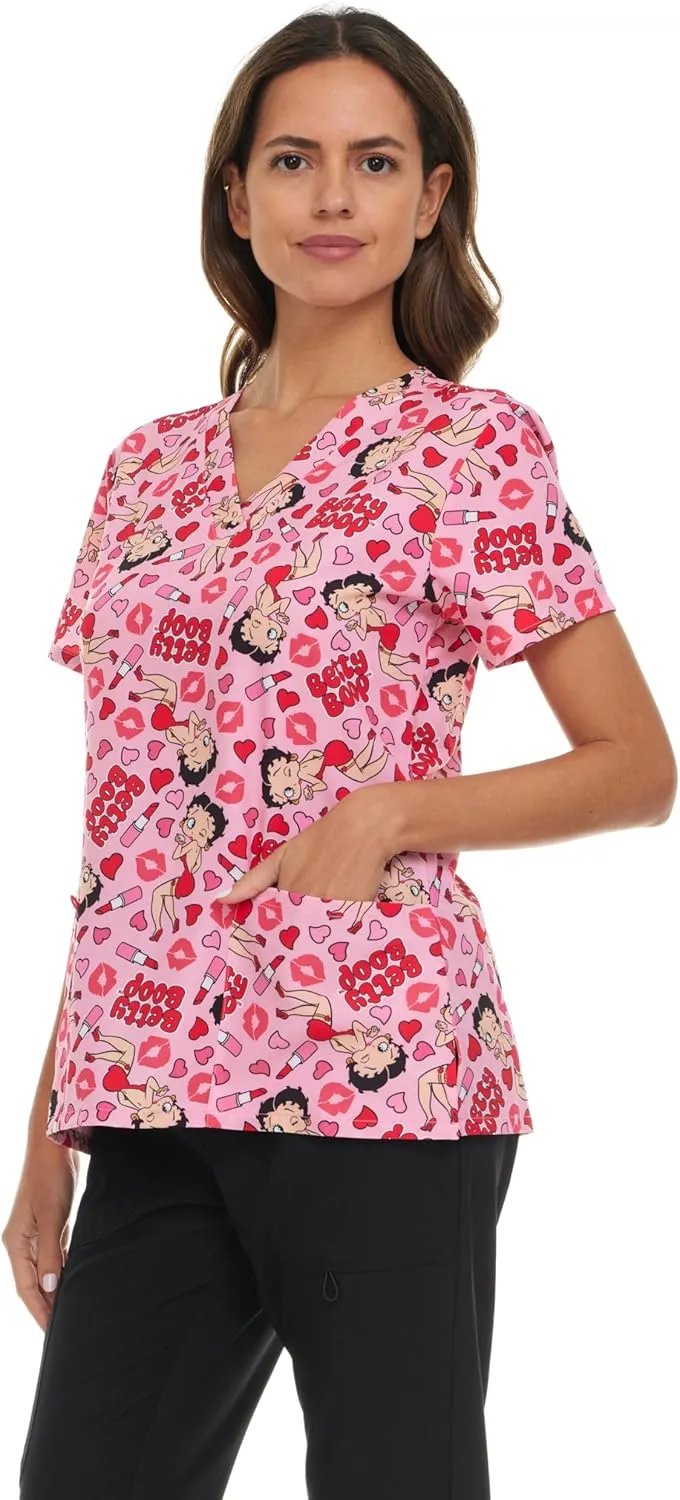 Betty Boop Women's All Over Print, V-Neck Scrub Top with Pockets - Comfortable Work Uniform