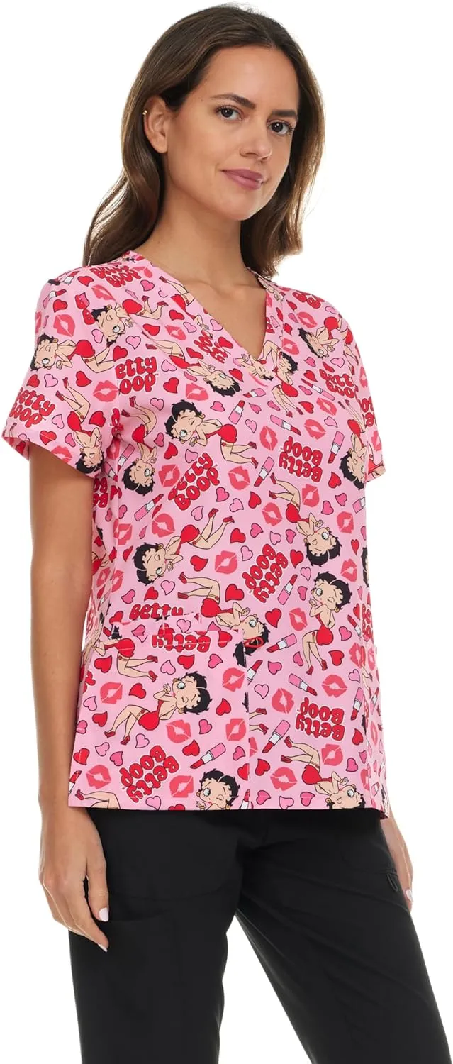 Betty Boop Women's All Over Print, V-Neck Scrub Top with Pockets - Comfortable Work Uniform