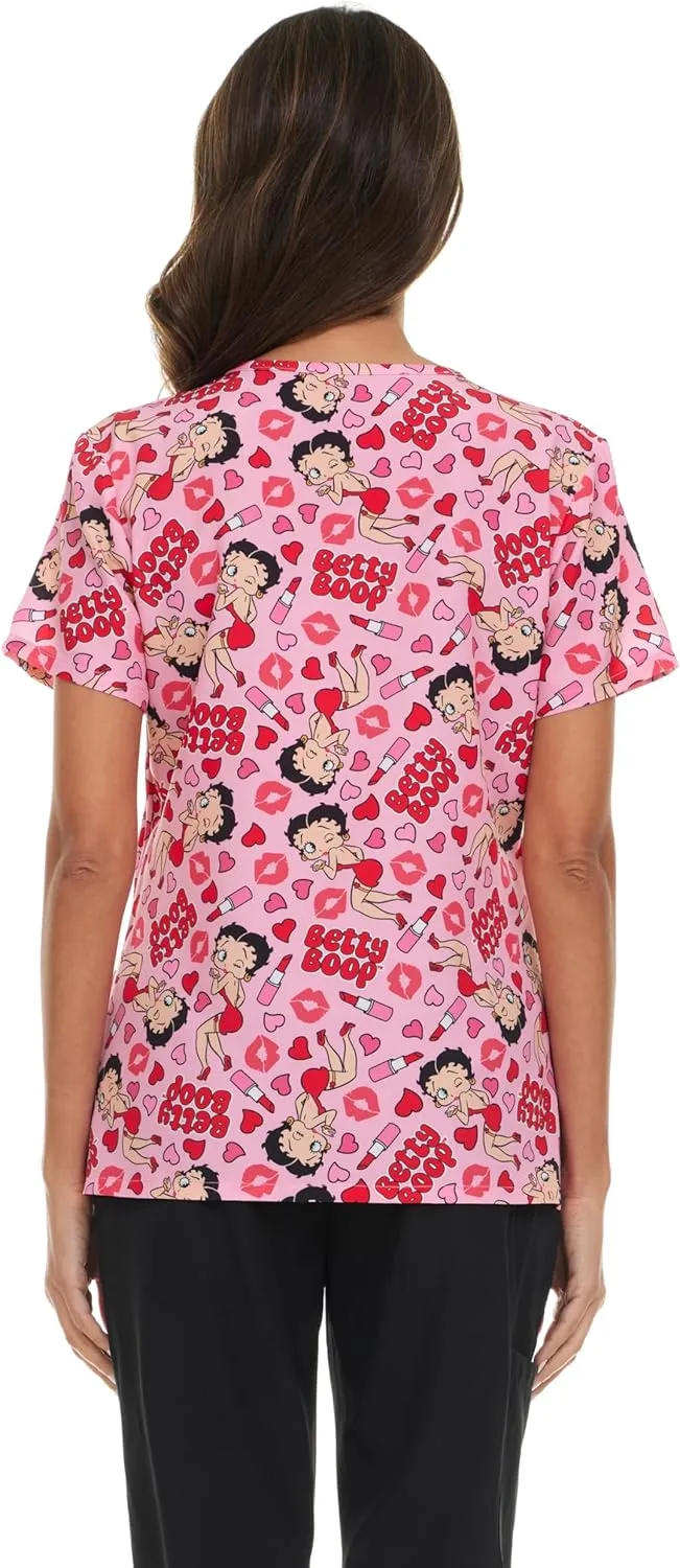 Betty Boop Women's All Over Print, V-Neck Scrub Top with Pockets - Comfortable Work Uniform
