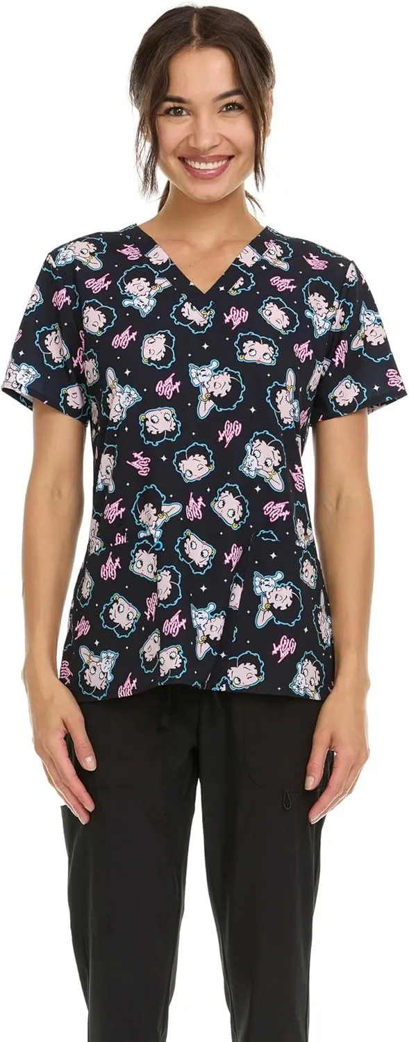 Betty Boop Women's All Over Print, V-Neck Scrub Top with Pockets - Comfortable Work Uniform