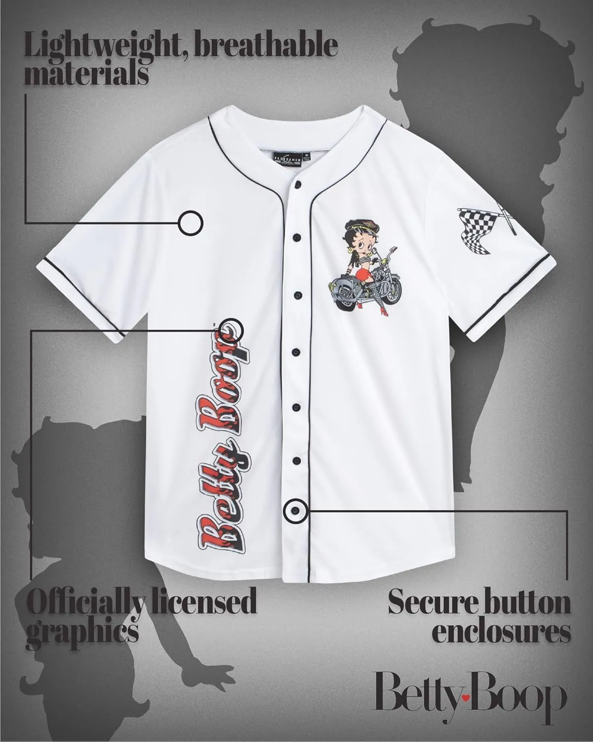 Betty Boop Women's Baseball Jersey - Vintage Novelty Button Down Uniform Top - Retro Jersey T-Shirt for Women (S-XL)
