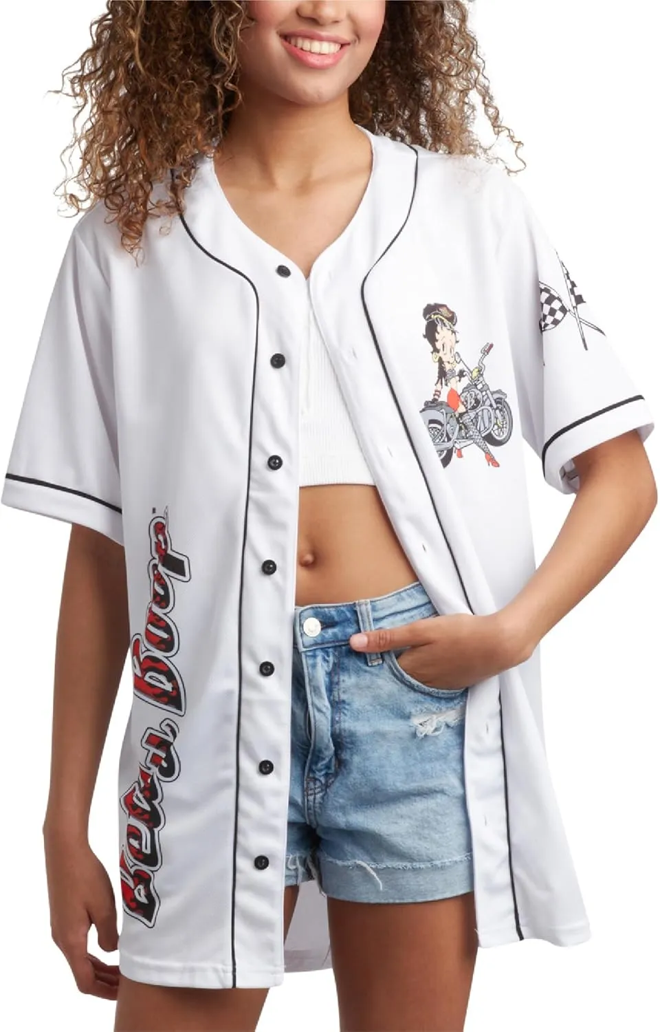 Betty Boop Women's Baseball Jersey - Vintage Novelty Button Down Uniform Top - Retro Jersey T-Shirt for Women (S-XL)