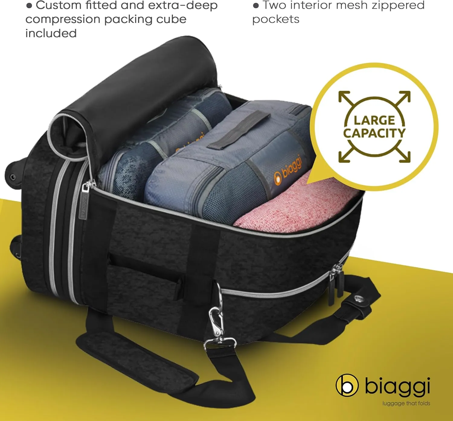 biaggi Zipsak Boost! Foldable Underseat Carry-On Expands to Full Size Carry-On - Custom Sized Packing Cube Included (Black)
