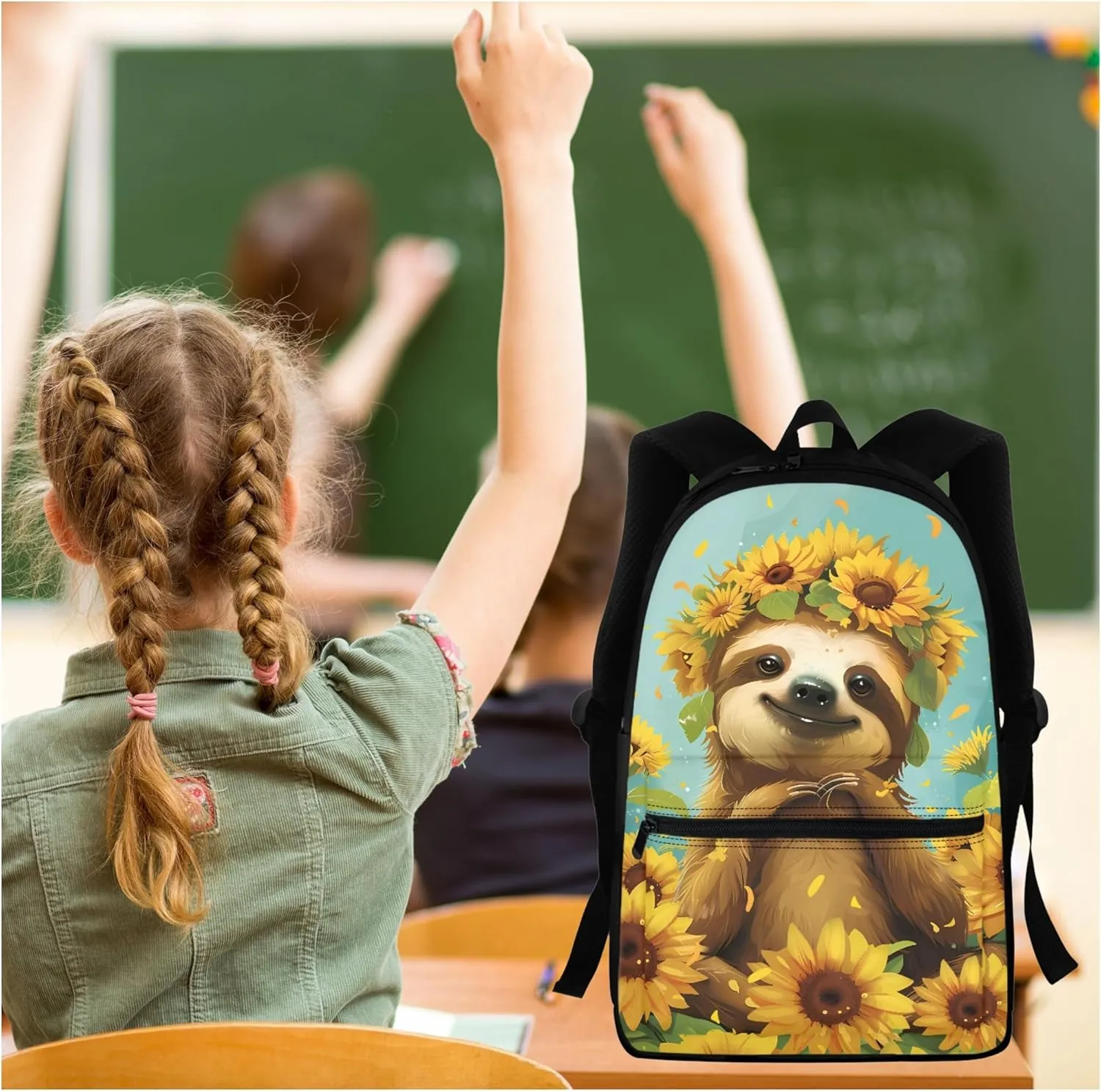 BIGCARJOB Kids Backpack Set of 3 with Lunch Box Pencil Case Sunflower Sloth Backpack for Girls 4-7 School Backpack Casual Daypacks Portable Lunch Bag Gift for Girls Boys