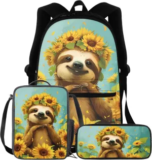 BIGCARJOB Kids Backpack Set of 3 with Lunch Box Pencil Case Sunflower Sloth Backpack for Girls 4-7 School Backpack Casual Daypacks Portable Lunch Bag Gift for Girls Boys