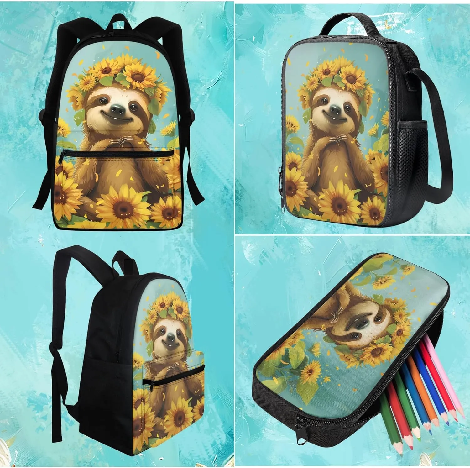 BIGCARJOB Kids Backpack Set of 3 with Lunch Box Pencil Case Sunflower Sloth Backpack for Girls 4-7 School Backpack Casual Daypacks Portable Lunch Bag Gift for Girls Boys