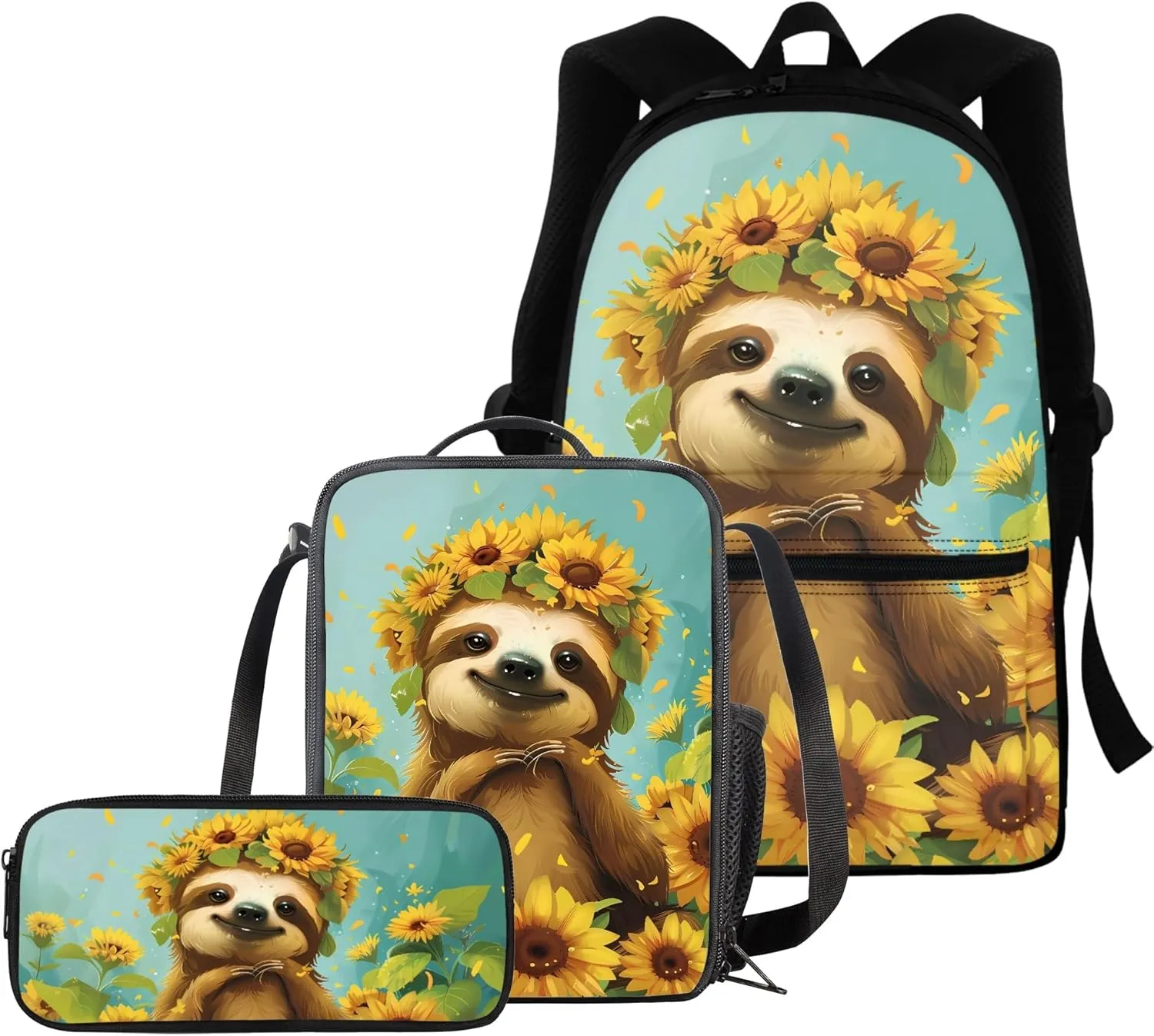 BIGCARJOB Kids Backpack Set of 3 with Lunch Box Pencil Case Sunflower Sloth Backpack for Girls 4-7 School Backpack Casual Daypacks Portable Lunch Bag Gift for Girls Boys