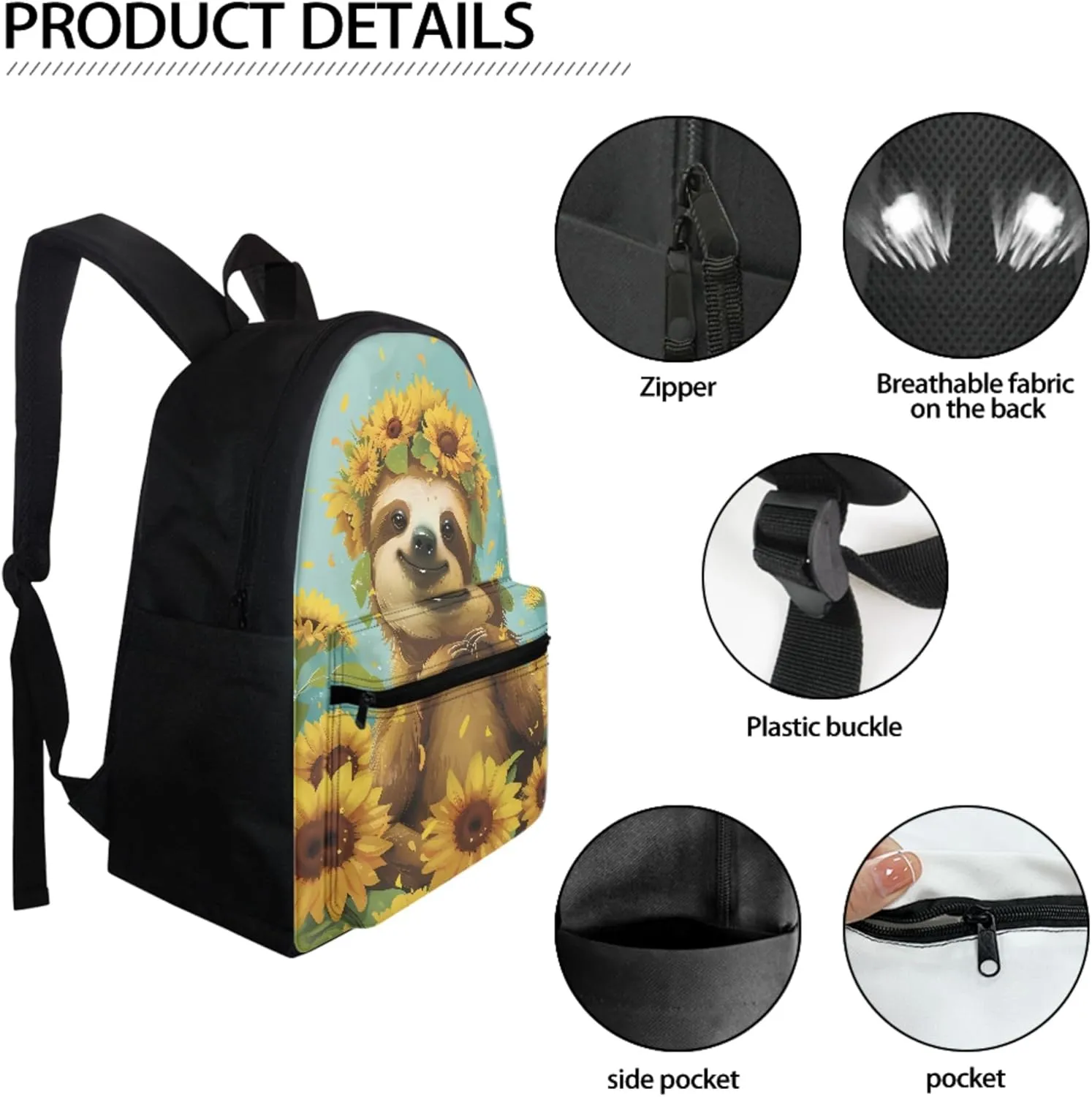 BIGCARJOB Kids Backpack Set of 3 with Lunch Box Pencil Case Sunflower Sloth Backpack for Girls 4-7 School Backpack Casual Daypacks Portable Lunch Bag Gift for Girls Boys