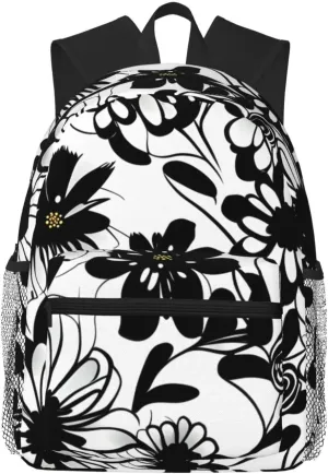 Black and White Flowers print Lightweight and comfortable backpack Casual Laptop Backpack for Travel Hiking