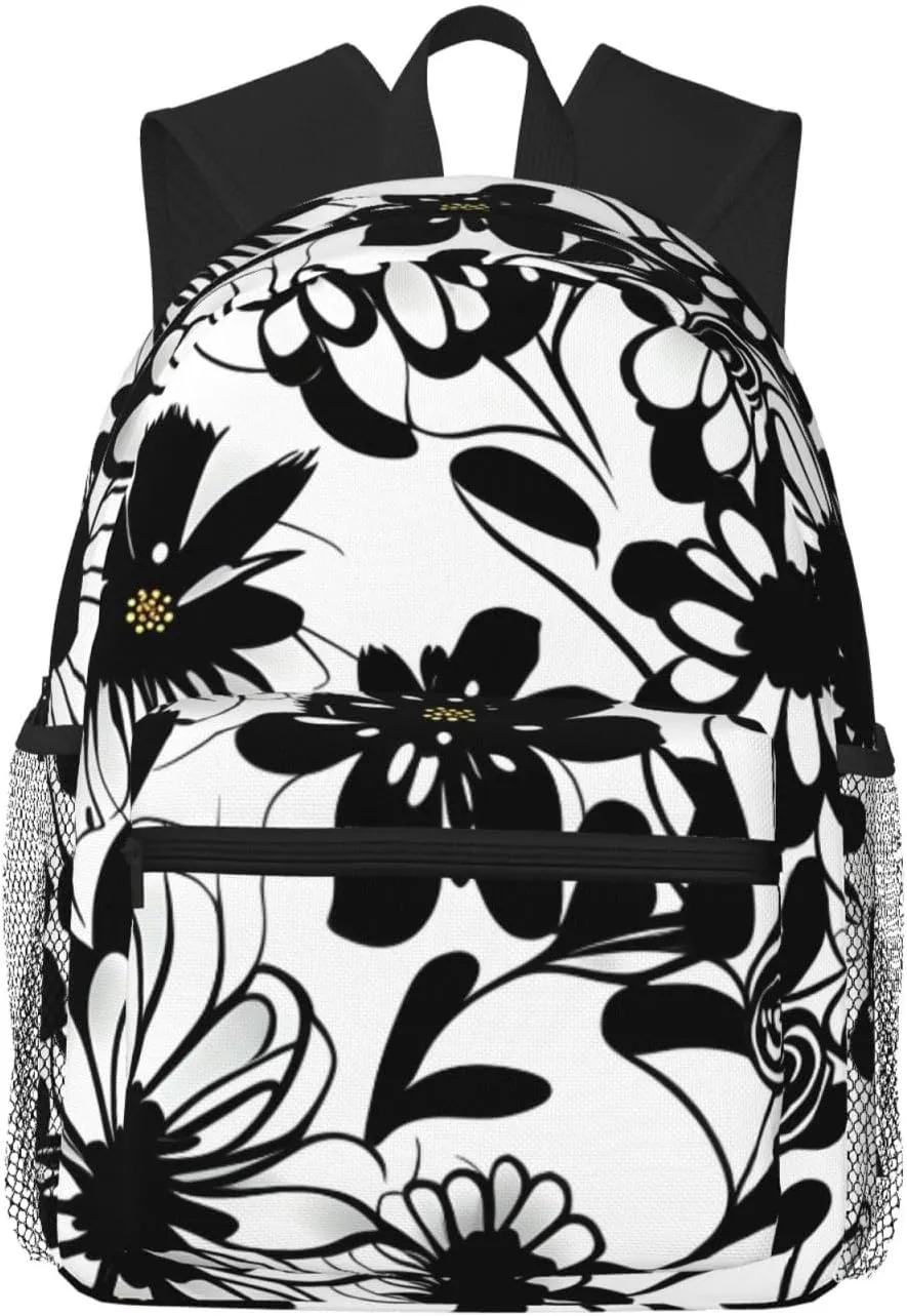 Black and White Flowers print Lightweight and comfortable backpack Casual Laptop Backpack for Travel Hiking