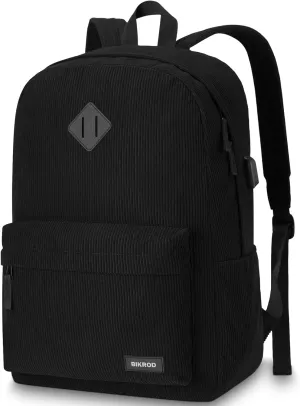 Black Backpack for School Teens Boys and Girls, Lightweight Casual Soft Corduroy Backpack for Men and Women, Large Cute Kids Bookbag, Daily-use Backpack with USB Charging Port Fits 17.3 Inch Notebook