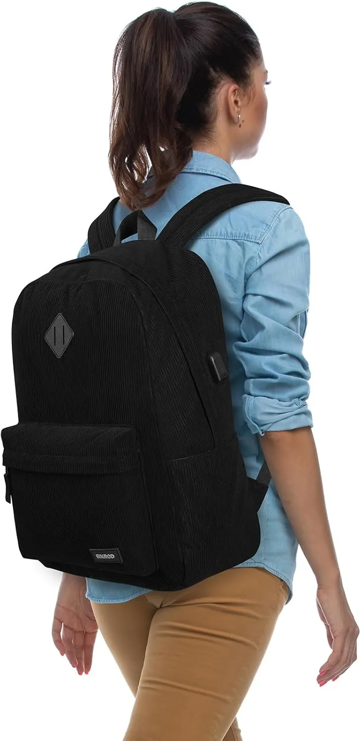 Black Backpack for School Teens Boys and Girls, Lightweight Casual Soft Corduroy Backpack for Men and Women, Large Cute Kids Bookbag, Daily-use Backpack with USB Charging Port Fits 17.3 Inch Notebook