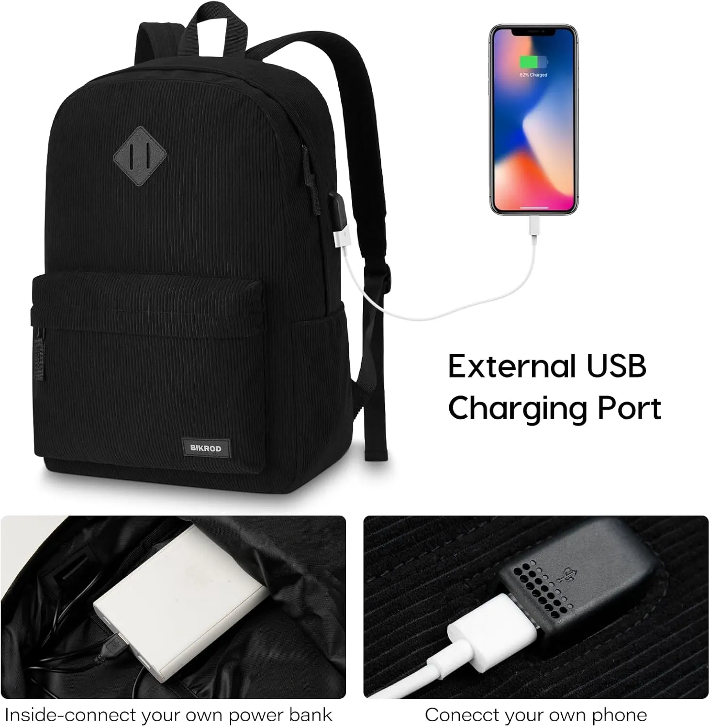 Black Backpack for School Teens Boys and Girls, Lightweight Casual Soft Corduroy Backpack for Men and Women, Large Cute Kids Bookbag, Daily-use Backpack with USB Charging Port Fits 17.3 Inch Notebook
