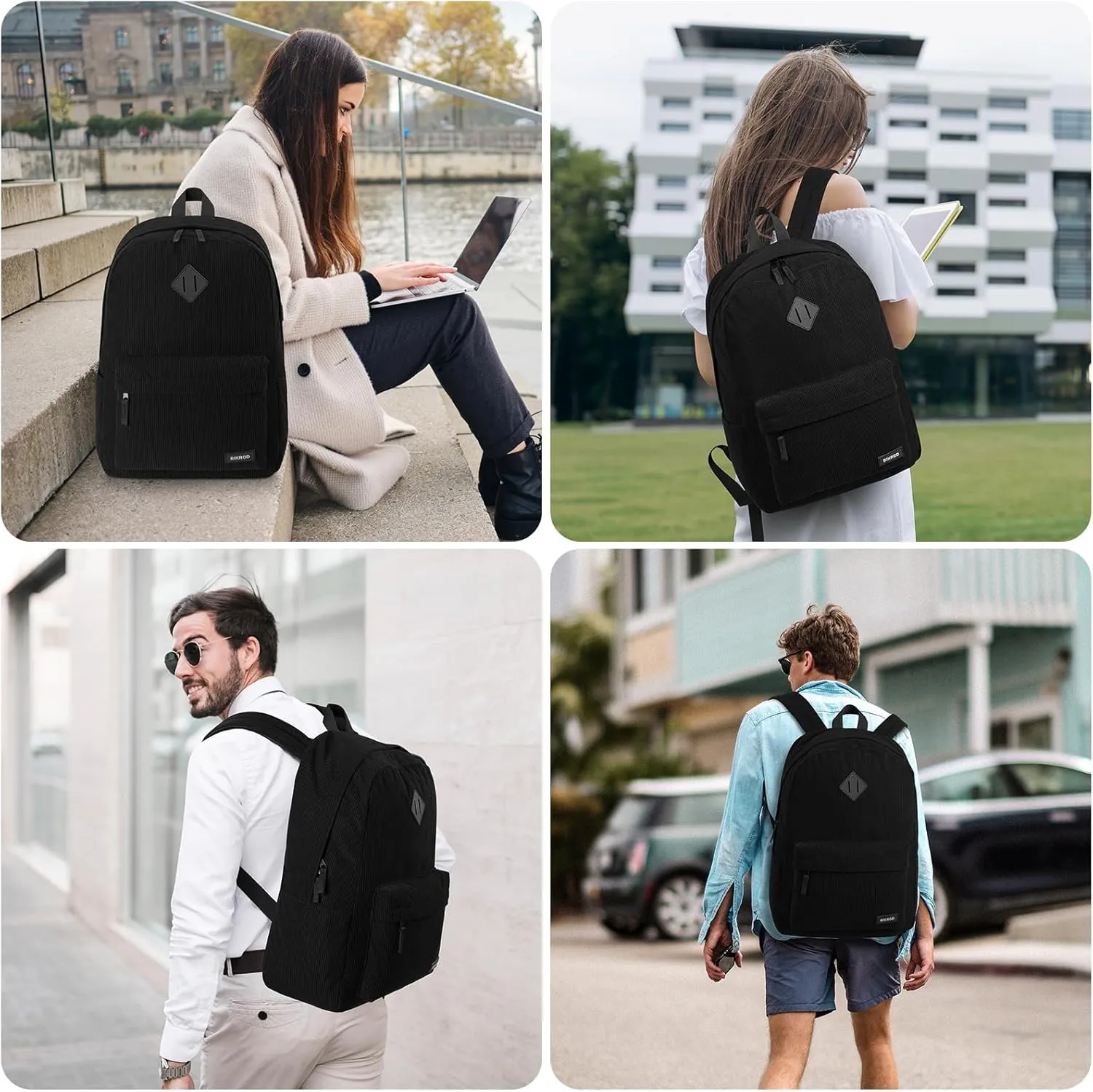 Black Backpack for School Teens Boys and Girls, Lightweight Casual Soft Corduroy Backpack for Men and Women, Large Cute Kids Bookbag, Daily-use Backpack with USB Charging Port Fits 17.3 Inch Notebook