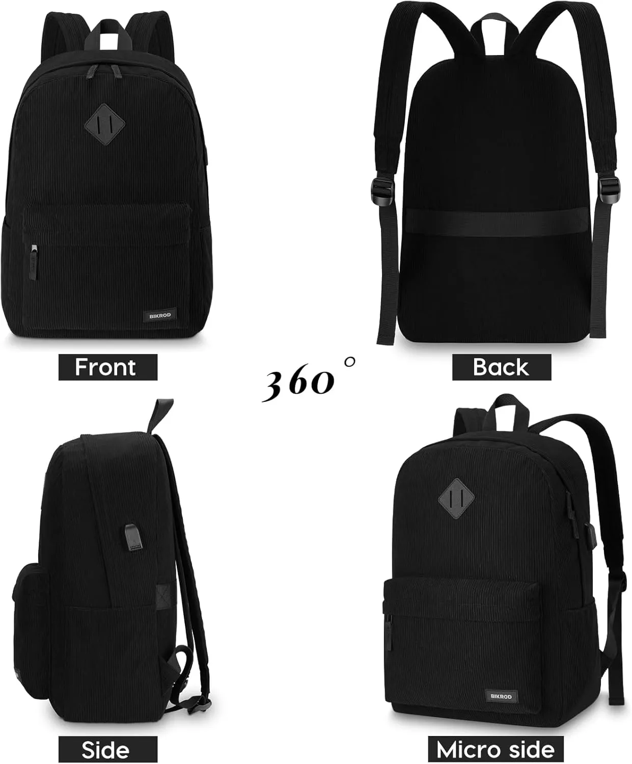 Black Backpack for School Teens Boys and Girls, Lightweight Casual Soft Corduroy Backpack for Men and Women, Large Cute Kids Bookbag, Daily-use Backpack with USB Charging Port Fits 17.3 Inch Notebook